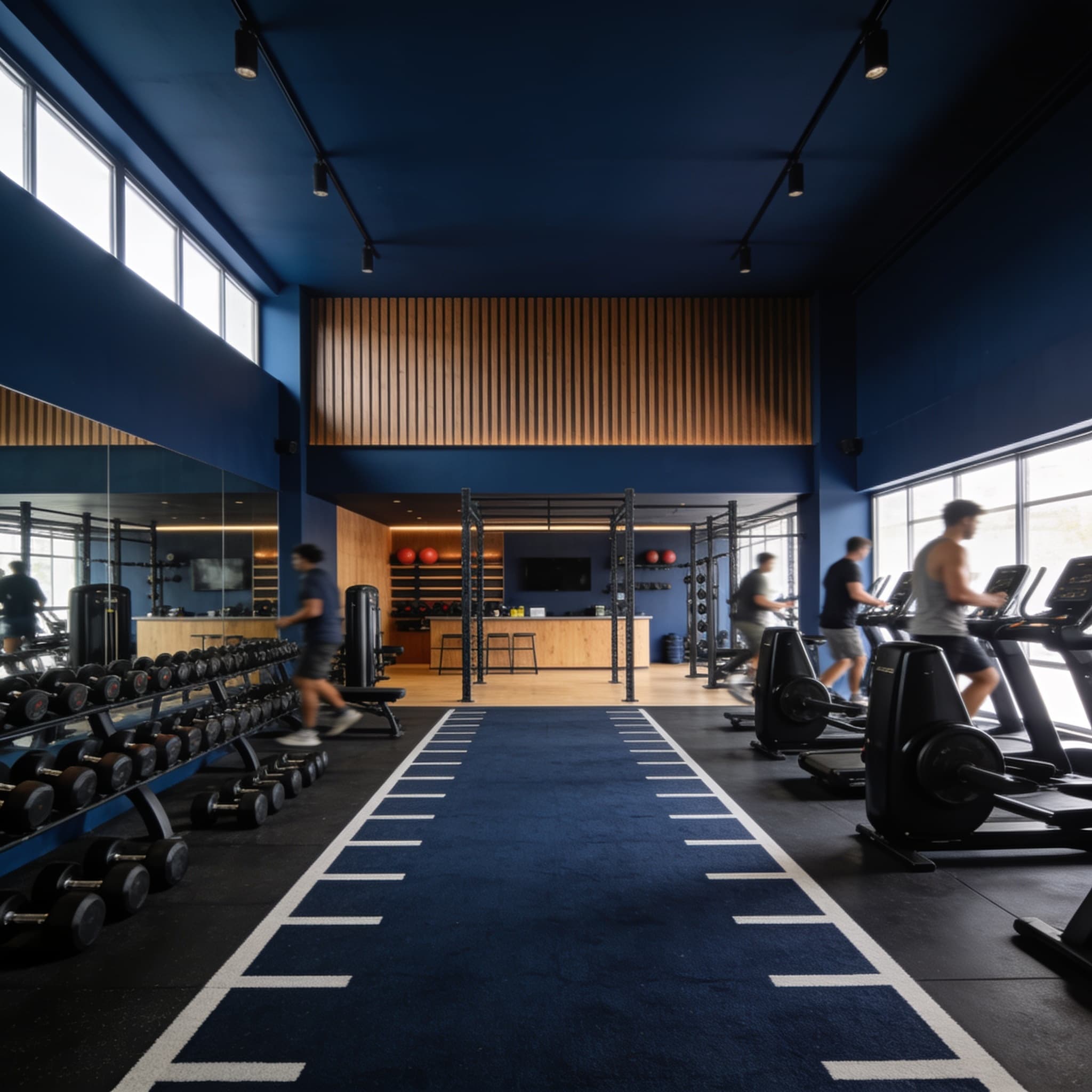 Sala de musculação de uma academia de bairro com equipamentos e alunos treinando